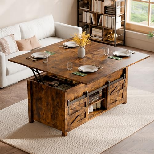 ELUCHANG Couchtisch Höhenverstellbar, 4 in 1 Wohnzimmertisch Umwandelbar in Wohnzimmer-Esstisch, Multifunktions mit Versteckter offenes Fach & Aufbewahrung,für Wohnzimmer/Büro/Esszimmer, Vintagebraun