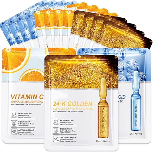 Masque Visage Anti Ride,15PC Masques Acide Hyaluronique+Vitamine C +Or 24K pour le Visage, Masque Hydratant Visage,Anti-âge,Coffret Cadeau Masque Tissu Visage Femme et Homme