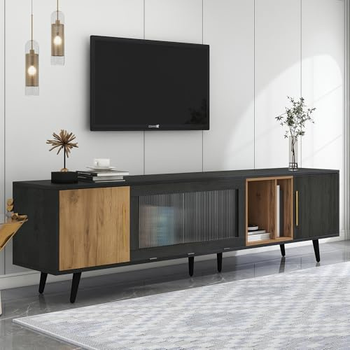 Coolfish TV Stand, TV Cabient w/Pull-down Glass Doors, TV Cabinet Storage Sideboard, TV Entertainment Center, for Living Room Bedroom TV Console Unit for 90 inch TV Dark Wood