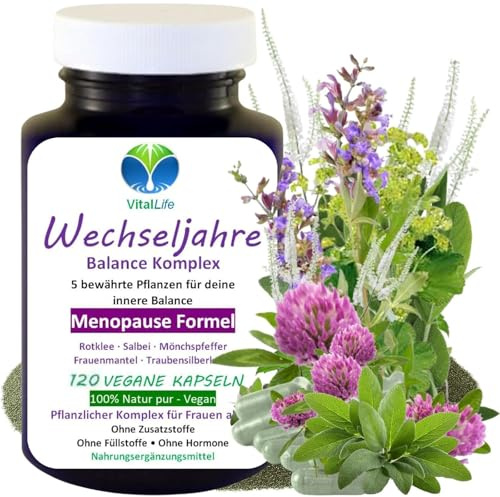 Wechseljahre Komplex vegan 120 vegi Kapseln, Menopause Formel, Hormon Balance für Frauen ab 40 - Rotklee, Salbei, Mönchspfeffer, Traubensilberkerze, Frauenmantel. OHNE ZUSATZSTOFFE. 27420-120