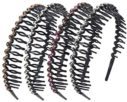 Yeshan Lot de 4 serre-têtes en plastique rigide antidérapant en forme de vague avec strass et cristaux pour femme