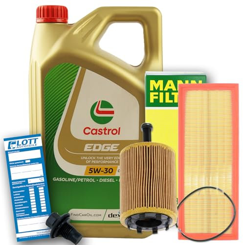 Ölwechsel Set Inspektion Servicekit 5L Castrol Edge Titanium FST LL 5W-30 Motoröl + MANN Ölfilter + MANN Luftfilter + Öl Ablassschraube Verschlussschraube