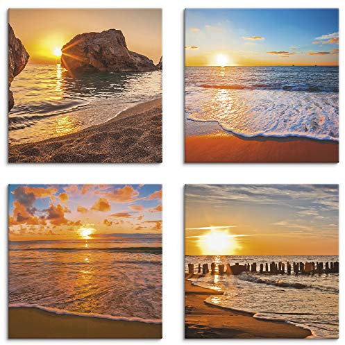 ARTLAND Wanddeko Strandbilder Leinwand Bilder Set 4 tlg. je 40x40 cm Quadratisch Wandbilder Landschaft Sonnenaufgang Sonnenuntergang Strand Meer K2HJ