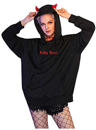 Damen Hoodie Schwarz Sweatshirt, Teenager Mädchen Casual Halloween Teufel Flügel Kapuzenpullover Schwarz Brief Drucken Hoodie Langarmshirt Gothic Pullover Tops Bluse mit Taschen (M, Schwarz)