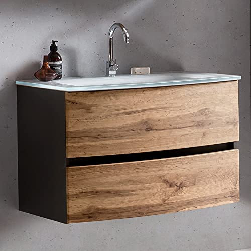 Waschtisch Kornel 80 cm mit Waschbecken weiß – Graphitgrau / Eiche