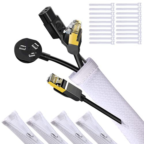 UPXDUMI Cable Tidy Zip Sleeve for PC/TV, 20mm - 2.4m Desk Cable Management Organisers, Wire Tidy Loom Tube Cord Cover Protector with 20 PCS Reusable Cable Ties for Home, Office,2*(50CM+70CM), White