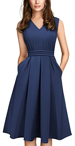 HOMEYEE Damen Vintage 50er Ärmellos Cocktail Retro mit Pocket Flared Kleid A196 (M, Dunkelblau)