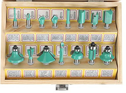 Amazon Brand – Denali 15-Piece Tungsten Carbide Router Bit Set with Wooden Case