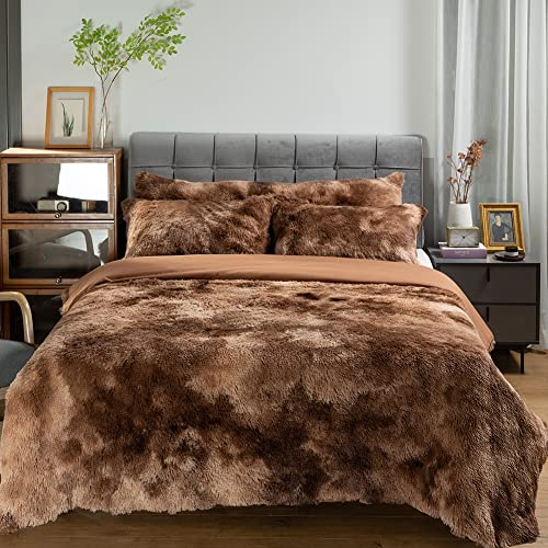Michorinee Plüsch Bettwäsche 135x200 Winter Flauschig Warme Bettbezug Fleece Flausch Langhaar Kunstfell Tie Dye Gedruckt Taupe Plüschbettwäsche Set mit Reißverschluss - 135 x 200 cm + 80 x 80 cm
