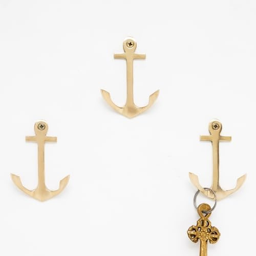 Indian Shelf Set of 3 Brass Anchor Wall Hooks for Keys, Coats and Bags