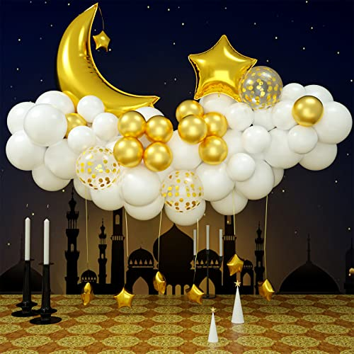 Luftballons Girlande Weiß Gold, Metallic Gold Konfetti Latex Ballons Girlande mit Mond Stern Folienballons Party Dekoration Set für Geburtstag Hochzeit Baby Shower Ramadan Deko
