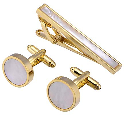 Jonwo Perlmutt 4.5cm Krawattennadeln und Manschettenknöpfe für Herren Silber Gold Cufflinks Tie Clip Hochzeit Hemd Party Geburtstag Jubiläum Kleid (Runde Vergoldet Cufflinks Tie Clip Set)