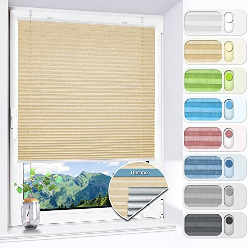 HOMEDEMO Plissee ohne Bohren verdunkelung, Thermo Plisseerollo Klemmfix, Hellbeige 75x130cm(BxH) Verdunklungsplissee 100% lichtundurchlässig für Fenster, Blickdicht Sichtschutz Sonnenschutz