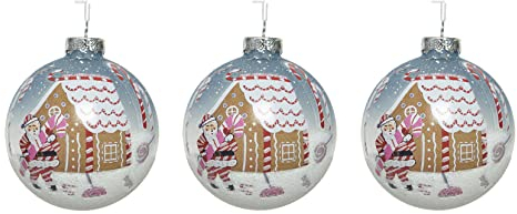 Kaemingk Weihnachtskugeln Glas 8cm x 3 Stück mit Wintermotiv Weihnachtsmann Schnee Christbaumkugeln Nachtblau