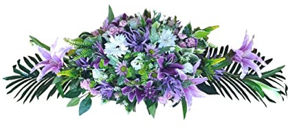 DRW Centro de Flores Artificiales Cementerio, Santos, Aniversarios de pie Morado Malva y Blanco (Centro Plano 120x42x32 cm)