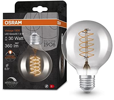 OSRAM Lamps 1906 LED-Lampe mit Smoke-Tönung, 7,8W, 360lm, Kugel-Form mit 80mm Durchmesser&E27-Sockel, warmweiße Lichtfarbe, spiralförmiges Filament, dimmbar,bis zu 15Stunden Lebensdauer, 4058075761179