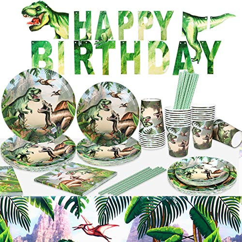 Dinosaure Decoration Vaisselle Anniversaire Garçons (25 Invités) Assiette Carton Gobelet Paille Nappe Serviette en Papier Guirlande Happy Birthday Jungle Dino Jurassique Fourniture Fête Baby Shower