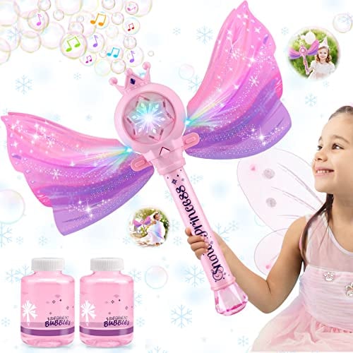 Britik Baguettes à bulles pour filles – Lumière LED et musique Machine à bulles : 3 piles AA et 2 solutions à bulles, jouets d'anniversaire pour les tout-petits en plein air, cadeau pour filles de 3,