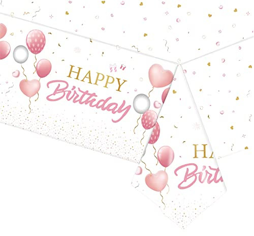 Nappe Jetable « Happy Birthday » Rose pour Filles et Elle, 137 x 274cm Nappe de Table Rectangulaire Plastique Réutilisable, Nappes de Fête Imperméable, pour Fête d'anniversaire de Bébé Fille et Femme
