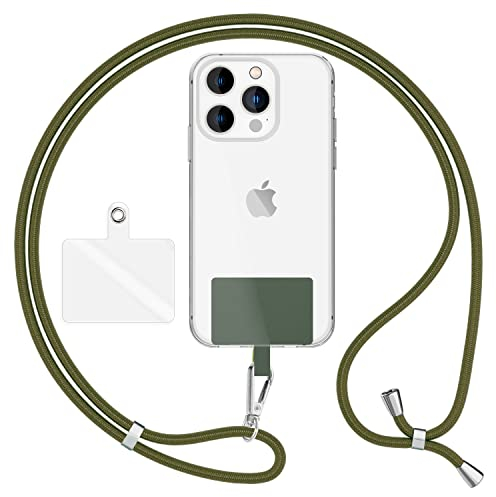 NALIA HoldMe Air Universal-Kette mit Pad, Band für Handy-Hülle zum Umhängen, Karabinerhaken aus Metall (silber), Schlüsselband Umhängeband 160 CM, Crossbody Lanyard mit Schlaufe, Farbe:Oliv Grün