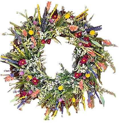 Artificial Wildflower Spring Wreath for Front Door, Colorful Spring Summer Garland, Multipurpose Decorative Garland, All Year Door Wreath for Indoor and Outdoor Use (40CM/15.7)