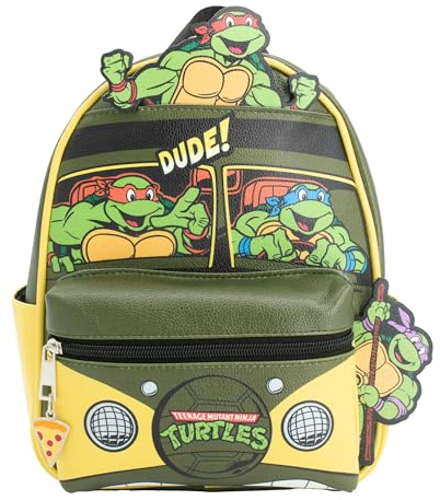 AI ACCESSORY INNOVATIONS Teenage Mutant Ninja Turtles Mini PU Rucksack Geldbörse, TMNT Umhängetasche mit Epoxy gefülltem Metall Pizza Charm 10.5 Zoll Verstellbare Schultergurte Kunstleder, Grün ,