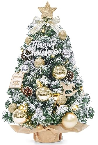 Dewur Mini albero di Natale piccolo con illuminazione, tavolo a LED, decorato artificialmente, per decorazioni natalizie (60 cm, oro champagne)