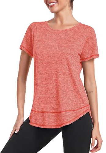 Deaviya Women's Sports T-Shirt Gym Tops, Short Sleeve Workout Casual Running Tops, Ladies Gym Yoga Sports Top, Crew Neck Fitness T-Shirts for Women, Loose Side Split Tee,Orange S