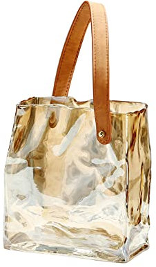 Jarrón de cristal con forma de bolso con asa de cuero, jarrón hecho a mano, jarrón de cristal de color original, jarrón de cristal para sala de estar, cocina, oficina, boda (dorado, L)