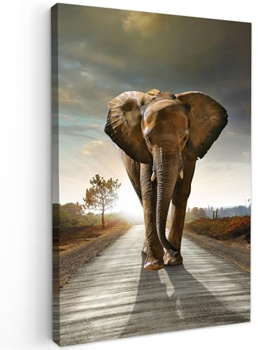 MuchoWow© Wandbilder Groß 80x120 cm XXL Schlafzimmer Home Deko Wohnung Bild Tier Wohnzimmer Fotoleinwand Wand Bilder Tierbilder auf Leinwand Wall Decor Wanddeko Waldtiere - Elefant - Sonnenuntergang