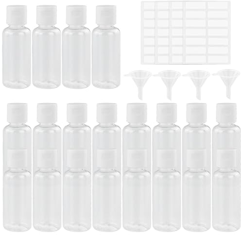 KZNKZN 20 bottiglie ricaricabili da 30 ml, trasparenti, in plastica, con piccoli imbuti ed etichette, per imballaggio, articoli da toeletta, shampoo, cosmetici liquidi