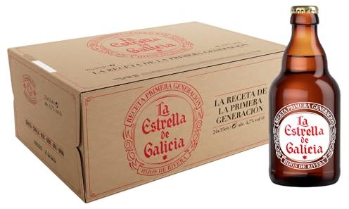 La Estrella de Galicia - Cerveza Lager Premium, Pack de 24 Botellines de 33 cl, Sabor Dulce y Amargo, Muy Equilibrada, 4,7% Volumen de Alcohol
