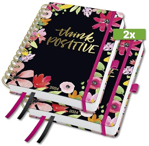 SIGEL J4600 Spiral-Kalender Jolie 2024, Flower Love, ca. A5, Hardcover, Gummiband, Stiftschlaufe, Einstecktasche, 2 Zeichenbänder, 240 Seiten, aus nachhaltigem Papier, Wochenplaner, 2 Stück
