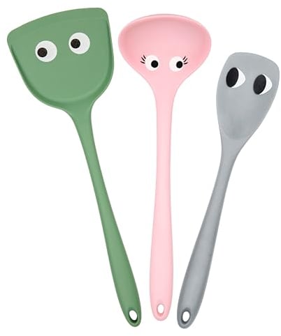 Fisura - Lot de 3 spatules de cuisine en silicone. Ustensiles de cuisine originaux avec yeux. Lot de 3 spatules de cuisine de couleur pastel. Cuillère et langues en silicone résistant