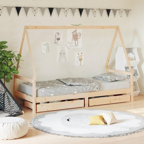 Festnight Hausbett 90x200 cm mit Schubladen ohne Matratze, Kinderbett mit Schubladen, Kinder Haus Bett aus Kiefer Holz für Kinder und Jugend