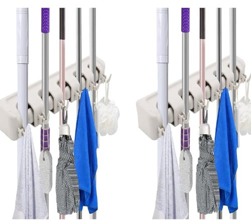 Trintion 2 Pcs Broom Mop Holder with 5 Position 6 Hooks Wall Mounted Tools Organizer Storage Rack for Brush Mop Broom Tool Storage Multipurpose Plastic Brush Holder for Bathroom Kitchen Garden Garage