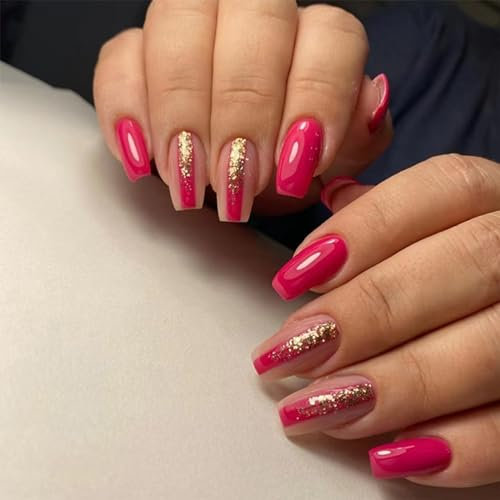 24pcs Short Square False Nails Glitter Gold Stick on Nails Rose Red Press on Nails Removable Glue-on Nails Full Cover Fake Nails Women Girls Nail Art Accessories