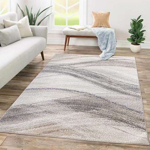 Paco Home Teppich Wohnzimmer Schlafzimmer Kurzflor Abstraktes Muster Geometrisches Design Wellen Motiv Moderne Deko, Grösse:120x170 cm, Farbe:Beige 2