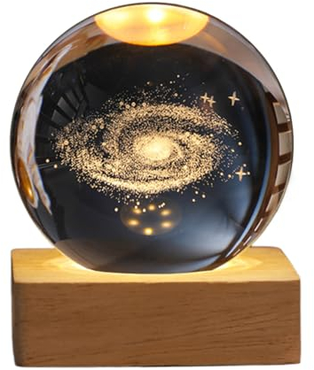 Demiawaking USB 3D Kristallkugel mit Holzsockel 3D Sonnensystem mit LED, Tischdeko Planet Lampe Nachtlicht, Geburtstag Kinder Geschenke, Party Deko (Milchstraße mit Quadrat Holzsockel)