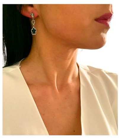 NataschaWoge® 3er Kleeblatt Perlmutt Edelstahl GOLD Huggie Creolen Ohrringe weiß schwarz Schmuck für sie Geschenk schwarz Opal (Silber)