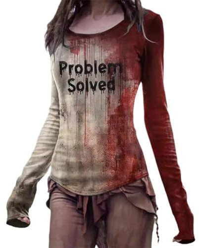 Problem Gelöst Shirt Damen Blutfleckendruck Problem-Gelöst Langarm-T-Shirt, Rundhalsausschnitt Entsetzen Blutige T Shirt Slim Fit Halloween Kostüm Problem Solved Shirt Leicht Long-Shirt Casual Tops