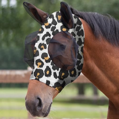 Adiwo Maschera Antimosche per Cavallo, Maschera Mosche Cavallo Rete Morbida con Paraorecchie, Elasticità Maschera da Mosca per Cavallo con Protezione UV, Anti Mosca, Zanzare(stampa leopardata)
