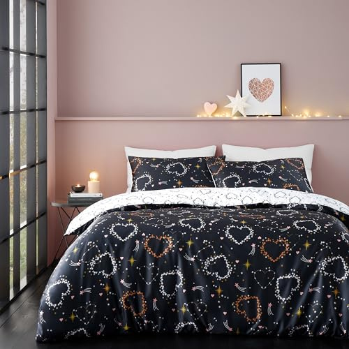 Catherine Lansfield Cosmic Hearts and Stars Reversible King Duvet Cover Set with Pillowcases Black