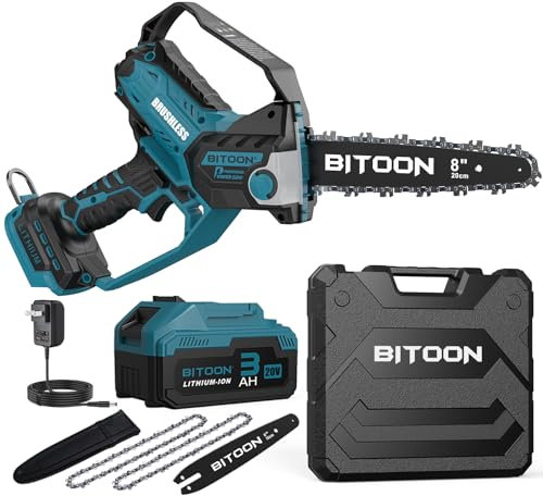 Motosierra de 20 cm con batería de 3,0 Ah y cargador, engrasador automático, motosierra inalámbrica sin escobillas de 8 y 6, motosierra eléctrica portátil para cortar leña (AZUL)