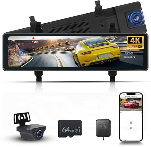 4K Front and 1080P Rear Dual WIFI Dash Cam for Cars, GPS&App Control Dash Camera, Hodozzy 11.26 Inch Mirror Dash Cam with ADAS, BSD, Parking Monitor, G-Sensor, Super Night Vision, 64GB TF Card