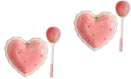 PRETYZOOM 2 Pièces Bol en Forme De Coeur Aux Fraises Cuillère Louche À Soupe Cuillères Vaisselle Couverts Ustensiles De Cuisine Kawaii Bol en Céramique Mignon Bol À Salade en Porcelaine Bol
