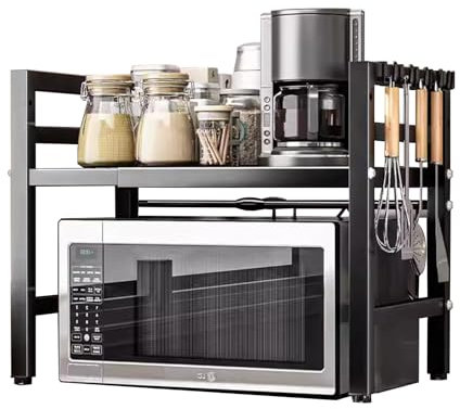 WMLBK 3-Tier Expandable Microwave Oven Rack, Height Adjustable Carbon Steel Expandable Microwave Shelf Stand with 6 Hooks, Kitchen Shelf Organizer for Pots Pans Rice Cooker Toaster (Black, 2-Tiers)