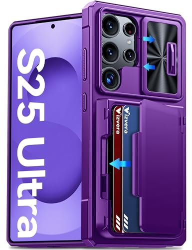 Vizvera for Samsung Galaxy S25 Ultra Case Wallet, with RFID Card Holder, Slide Camera Cover, Kickstand, Silicone Edge Military Drop Protection Rugged Shockproof Case for S25 Ultra 6.9 2025, Purple