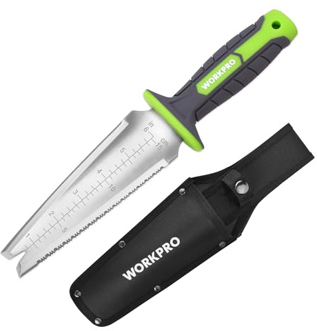 WORKPRO Hori Hori Gartenmesser Edelstahl mit Zahnung, 3-in-1 Praktisch Jäter mit TPR-Griff, Manueller Weeder zum Graben, Schneiden und Sägen, Tragbar für Beet, Rasen & Garten, 32 cm