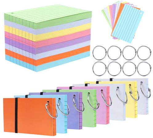 Agoer 400PCS Flash Cards 3 x 5in,8 Pack Revision Cards with Elastic Band,Coloured Index Cards with Loose-Leaf Ring,Double Sided Flashcards Notecards for Office School Home Study Record